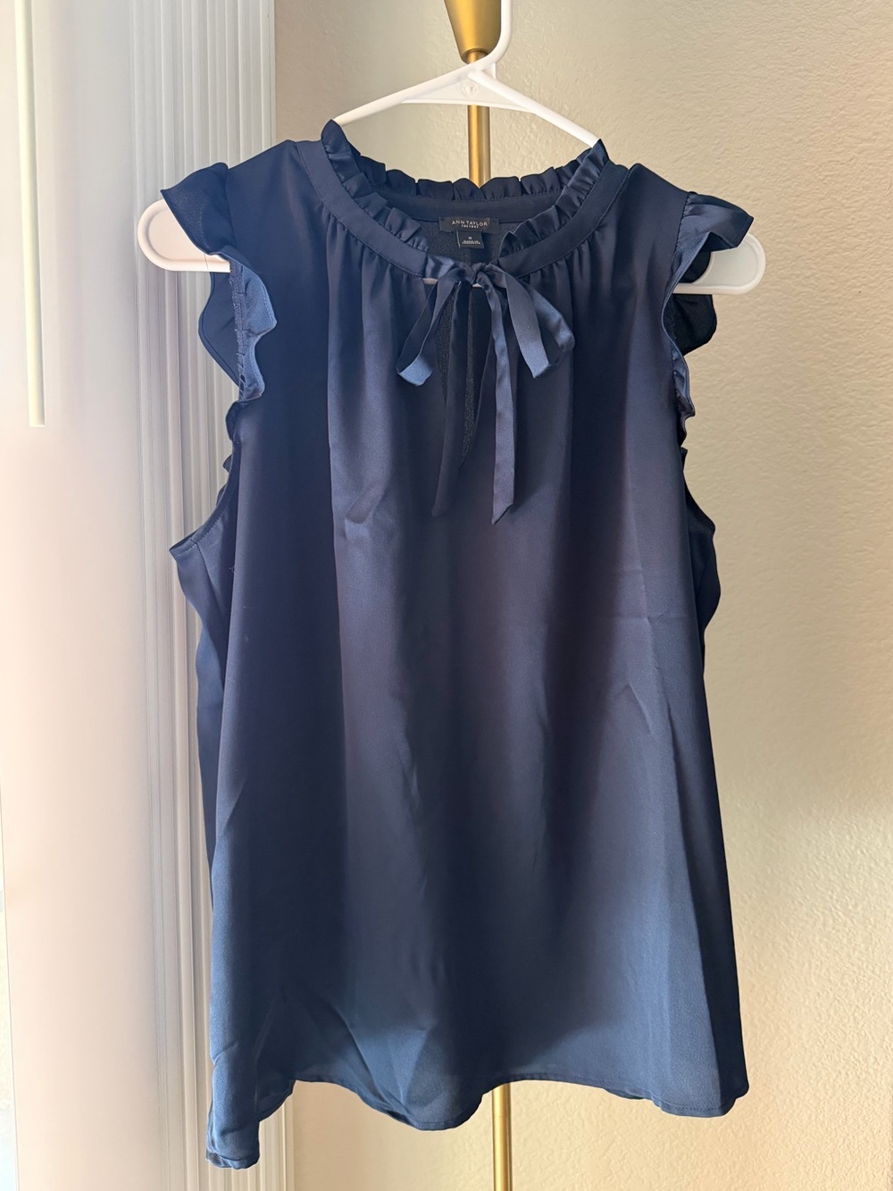 Ann Taylor Navy Ruffle Tie-Neck Sleeveless Blouse, Size Medium